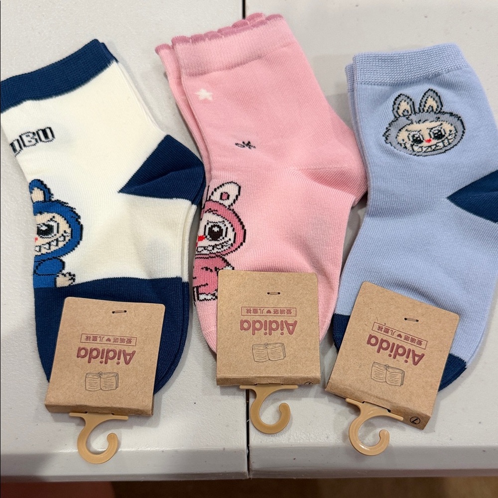 3 pairs Kids' Cartoon Character Socks Trio - Blue, Pink, Light Blue